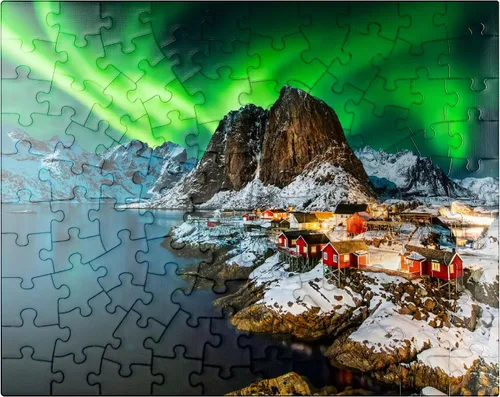 Vista 9 de MyPuzzle Aurora Borealis Over Hamnoy in Norway - Rompecabezas prémium de 1000 piezas para adultos