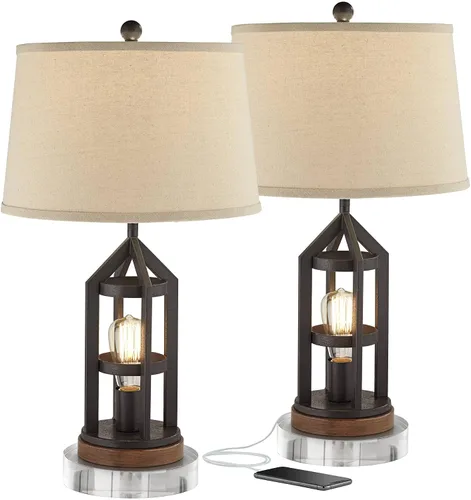 Vista 10 de Franklin Iron Works Lucas - Juego de 2 lámparas de mesa occidentales de 26 pulgadas de alto con puerto de carga USB y luz nocturna, pantalla LED