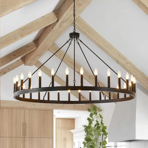 Vista 9 de Candelabro de iluminación de rueda de carro, 6 luces con pantalla de vidrio semillado, lámpara redonda de madera para cocina, isla de vestíbulo