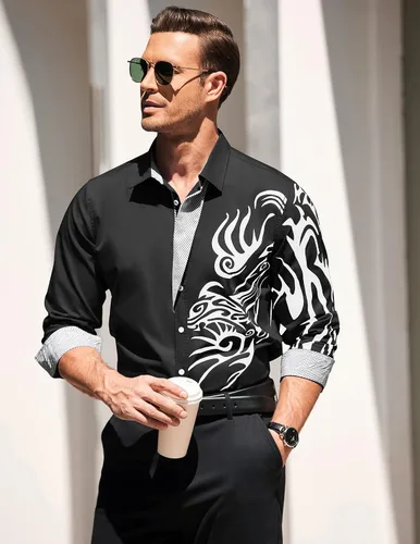 Vista 2 de COOFANDY Camisa de vestir con botones y estampado para hombre, camisas casuales de manga larga