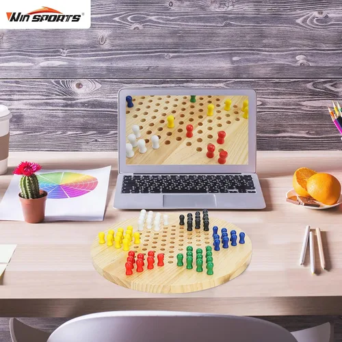 Vista 2 de Win SPORTS Tablero de damas chinas, juego de estrategia clásico y diversión para toda la familia, incluye 60 clavijas de madera en 6 colores, hechas