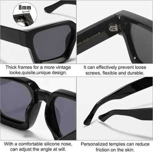 Vista 6 de SHEEN KELLY Gafas de sol rectangulares gruesas retro gruesas para mujeres y hombres, a la moda, cuadrados, negros, montura tipo tortie, gafas