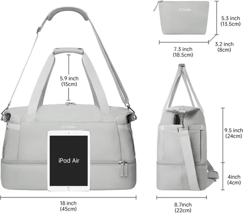 Vista 5 de Bolsa de lona de gimnasio para mujer, gris, Bolsa de gimnasio con puerto de carga USB