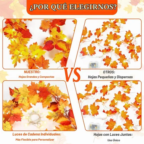 Vista 8 de Paquete de 2 guirnaldas de hojas de otoño con luces, funciona con pilas, decoración de Acción de Gracias Extra Long 23.6Ft Maple Garland with