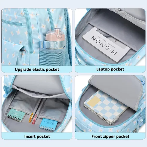 Vista 4 de Sugaroom Mochila escolar con lonchera para niñas adolescentes, Flor azul, Mochila floral con lonchera y bolsa para lápices