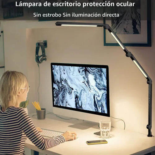 Vista 3 de Lámpara de escritorio LED con abrazadera y brazo flexible, 3 fuentes de luz, 4 modos de color y 5 niveles de brillo, luz de mesa con función