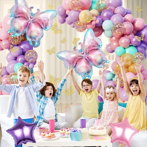 Vista 6 de Kit de guirnalda de arco de globos de mariposa rosa y morado de 163 piezas