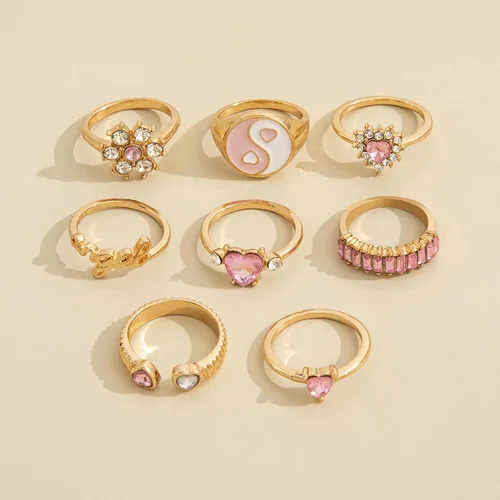 Vista 6 de Roe Dolph 8Pcs Pink Rings for Women Stackable Rings Set Boho Knuckle Rings Gold Stacking Rings Set Heart Yin-Yang Crystal Rings