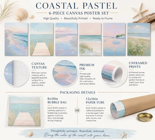 Vista 7 de DULASI Juego de 6 lienzos de paisaje costero de playa, impresiones en lienzo de océano rosa y azul, cuadros abstractos de paisaje marino de verano