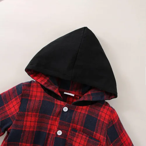 Vista 5 de Ropa para bebés y niños pequeños, conjuntos de otoño e invierno, con botones, camisa a cuadros con capucha y pantalones
