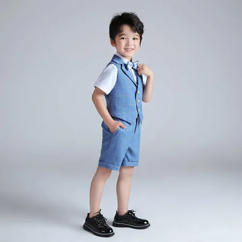 Vista 2 de LOLANTA Chaleco de esmoquin para niños, traje de portador de anillo de boda, 4 piezas, ropa, chaleco, camisa, pantalones cortos, pajarita