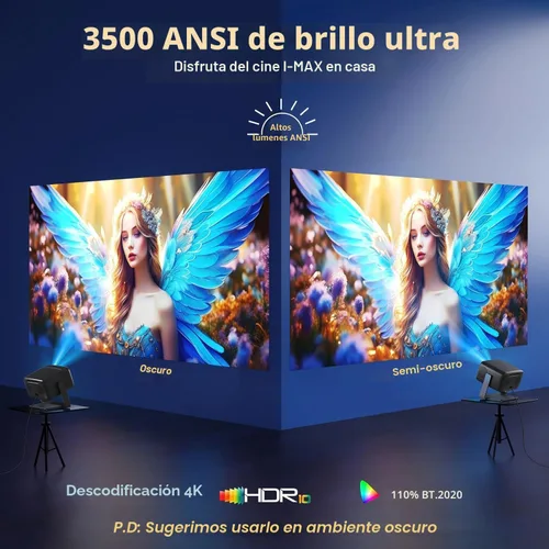 Vista 2 de [3500 ANSI/aplicaciones oficiales/audio de 65W] Proyector 4K para exteriores con WiFi y Bluetooth, enfoque automático, proyector inteligente Bronce