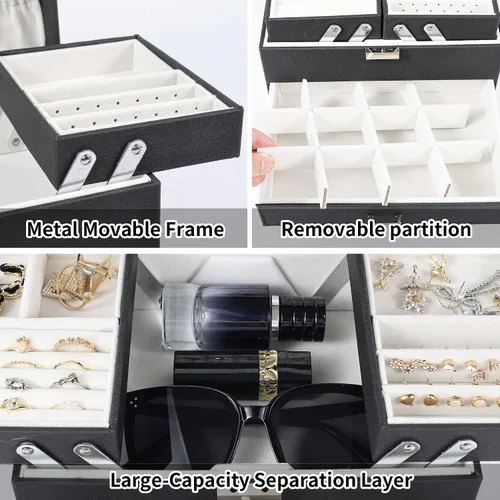 Vista 5 de Dajasan Cajas de joyería para mujeres y niñas, caja organizadora de joyas, organizador de joyas grande de 4 capas para aretes, anillos, collares