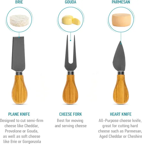 Vista 9 de BlauKe - Tabla de queso de bambú con cubiertos (incluye 3 cuchillos de queso)