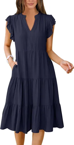 Vista 10 de ANRABESS Vestido de verano para mujer, manga con volantes, cuello en V, vestido midi a la moda, casual, holgado, escalonado, bohemio, playa