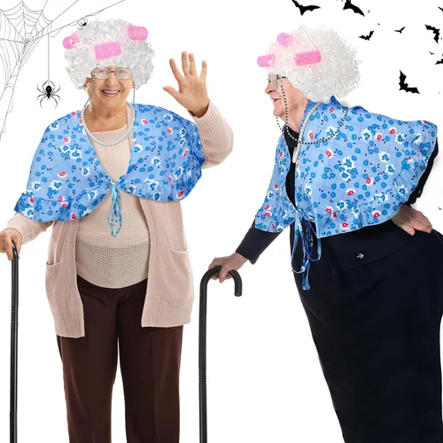 Vista 5 de Berlune 7 piezas de disfraz de anciana para el día de escuela, disfraz de vieja abuela para niños y mujeres, chal impreso, peluca de abuelita