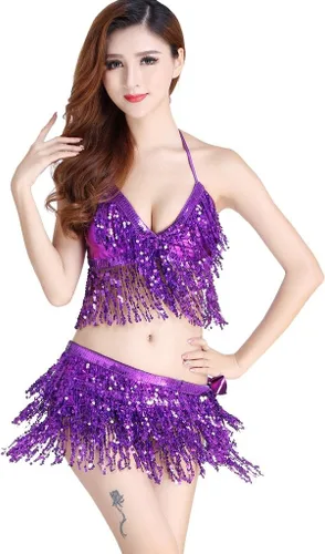 Vista 9 de Traje danza árabe con brasier y pañuelo para cadera con flecos para mujer Negro