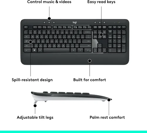 Vista 7 de Logitech MK540 Combo avanzado de teclado y mouse inalámbricos para Windows, receptor USB unificador de 2.4 GHz, teclas de acceso rápido multimedia