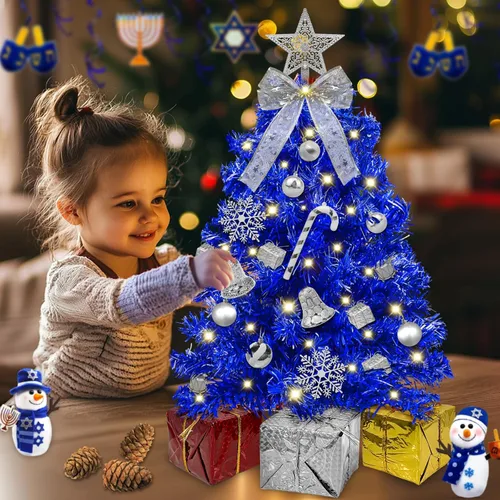 Vista 3 de Timer - 24 Inch/2 FT Blue Tabletop Christmas Tree with Lights 8 Modes Mini árbol de Navidad pequeño, 20 luces blancas cálidas, 20 cajas de Azul