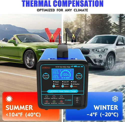 Vista 5 de Cargadores de batería de coche de 12 V/24 V resistentes, mantenedor de batería automático de 15 A con apagado automático, reparación, modo
