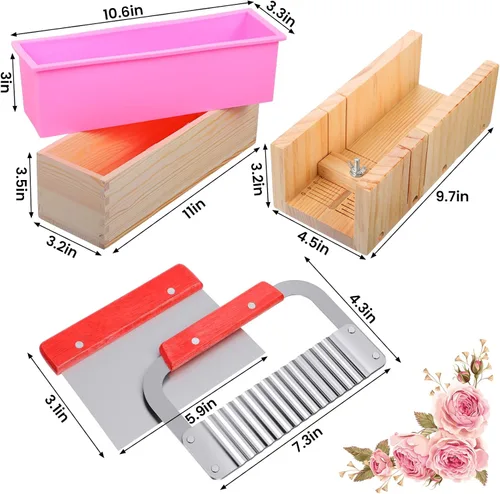 Vista 2 de Kit de fabricación de jabón, caja de corte de madera y caja interior con molde de silicona, cortador recto de acero inoxidable y cortador ondulado