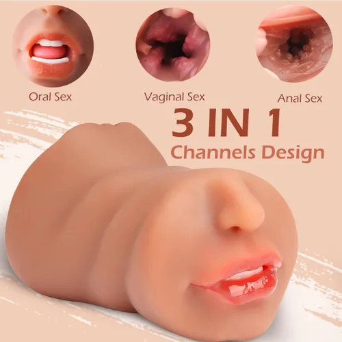Vista 2 de Masturbadores masculinos 3 en 1 de bolsillo ENVONI con cara realista, muñeca sexual con boca, vagina de textura realista y ano apretado, masturbador