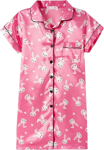Vista 14 de Hupohoi - Vestido de pijama de satén para niñas, con botones, ropa de dormir sedosa, camisón de manga corta, camisa de noche, vestidos Negro