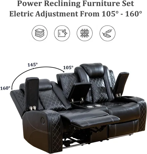 Vista 7 de Juego de sofá reclinable eléctrico, sofás reclinables de cuero negro, 3 piezas de sofá reclinable de cuero de aire y silla de dos plazas con luces