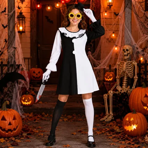Vista 5 de 6 piezas de disfraz de payaso artístico para mujer, aterrador asesino de películas de terror, accesorios de disfraz de Halloween, accesorios