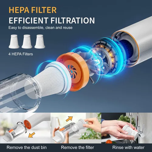Vista 7 de Aspiradora portátil inalámbrica para automóvil, 5 en 1, mini aspiradora de mano inalámbrica con filtro HEPA, 2 modos de succión, potencia de succión