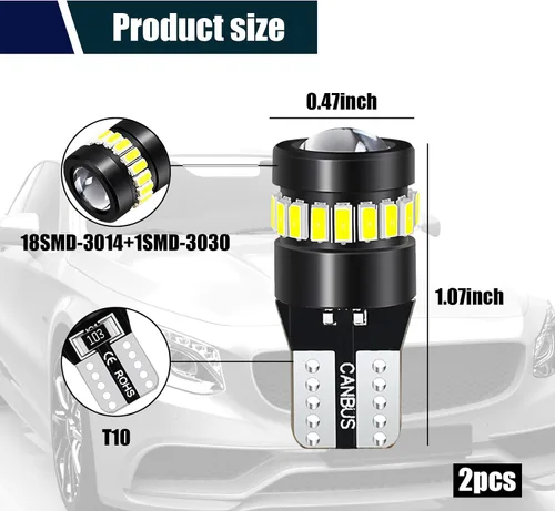 Vista 2 de ZKFAR 2 bombillas LED T10, 18SMD 3014 1SMD 3030, 155 lúmenes, luz súper brillante 6500K, luz blanca, luz LED para el ancho del coche, luz