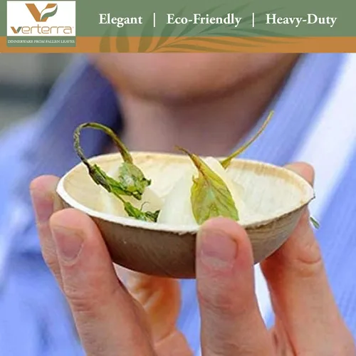 Vista 2 de Cuenco desechable redondo compostable de hoja de palma de 3.5 pulgadas, resistente, ecológico, vajilla sostenible para bodas, eventos, fiestas