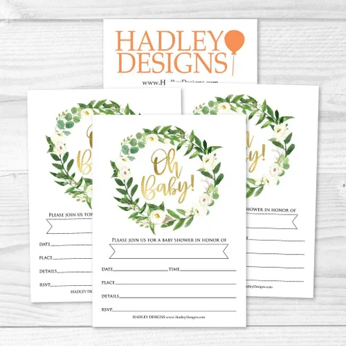 Vista 4 de Hadley Designs 25 invitaciones de oro verde, invitación de espolvorear para bebé, tema de revelación de género de Coed Garden, relleno botánico