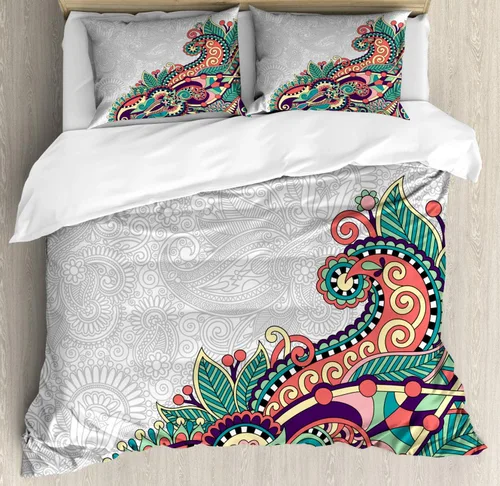 Vista 13 de Ambesonne Juego de funda de edredón natural, pájaros flamencos y palmeras en Miami, exóticos paisajes naturales tropicales, juego de ropa de cama