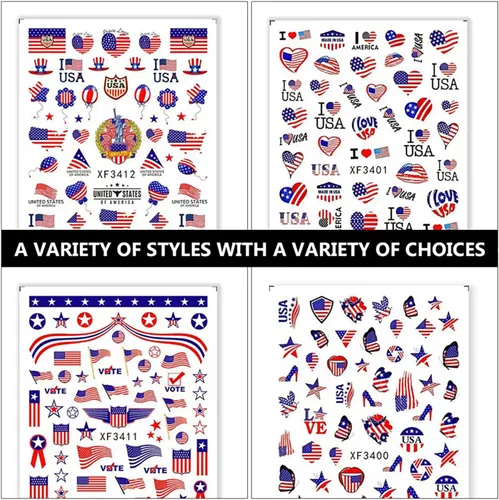Vista 4 de RIICFDD 8 hojas de calcomanías para uñas del 4 de julio, autoadhesivas 3D de bandera de Estados Unidos para arte de uñas, calcomanías del día