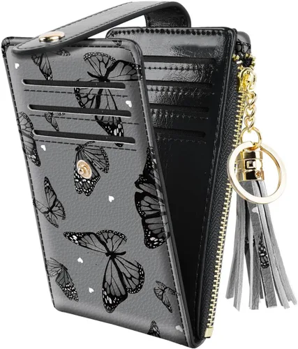 Vista 2 de Cartera delgada con bloqueo RFID para mujer, cartera de cuero con múltiples tarjetas, cartera plegable con borla, bolsillo con cremallera