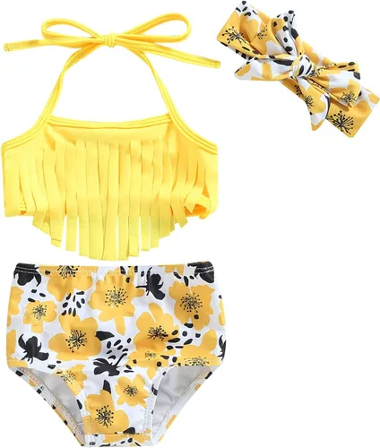 Vista 16 de Yccutest Traje de baño de flores para bebé, 3 piezas, parte superior triangular, parte inferior con volantes, sombrero para el sol, conjunto