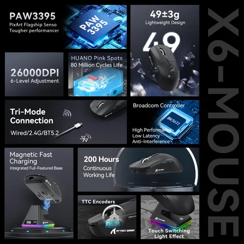 Vista 3 de ATTACK SHARK X6 - Mouse inalámbrico ligero para juegos con base de carga de retroiluminación RGB, cable trimodo/2.4GHz/BT5.2, 26K DPI, sensor óptico