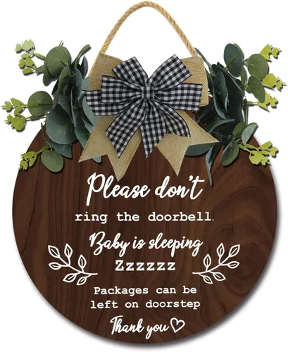 Vista 5 de Letrero de sueño de bebé para puerta delantera, de 11 pulgadas, con texto en inglés «Please Don't Ring The Doorbell Baby Is Sleeping Packages Can Be
