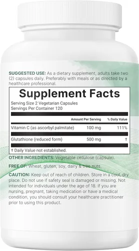 Vista 6 de Micro Ingredients Glutatión de 500 mg con suplemento de vitamina C de 100 mg, 240 cápsulas vegetales Glutatión reducido + complejo de palmitato