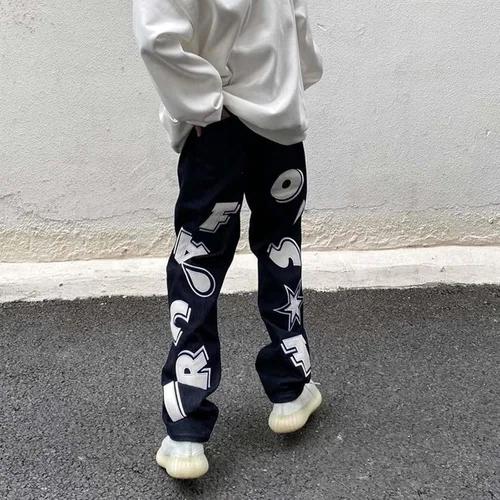 Vista 3 de Harajuku - Jeans para hombre con letras estampadas, rectos, holgados, para otoño e invierno, jeans engrosados, jeans góticos