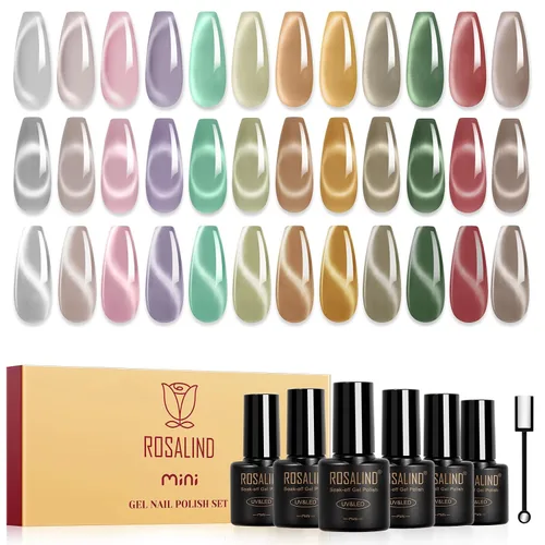 Vista 13 de ROSALIND Esmalte de uñas de gel de ojo de gato con imán, 12 piezas, esmalte de uñas de gel brillante holográfico púrpura azul rojo, esmalte de uñas
