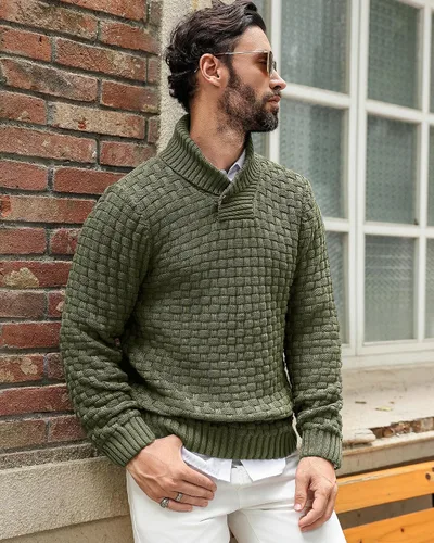 Vista 2 de Zaitun Suéter de cuello alto para hombre con cuello de chal, suéteres de punto de ajuste regular