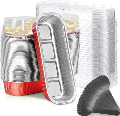 Vista 18 de Findful Mini Moldes para Hornear Pan con Tapas y Cucharas (Paquete de 50, 6.8oz) Moldes Rectangulares de Papel de Aluminio para Hornear Recipientes