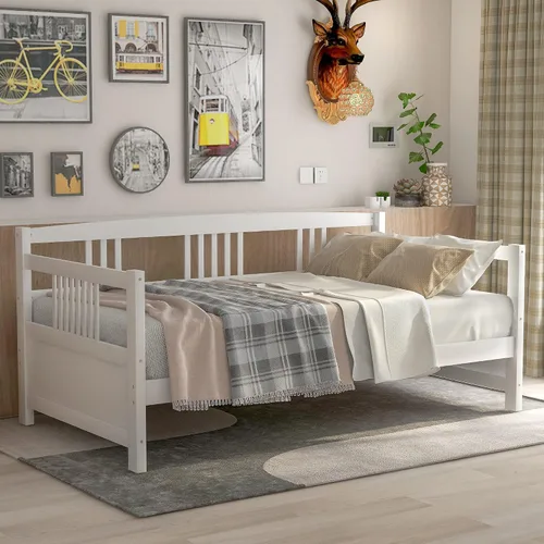 Vista 7 de Merax Sofá cama moderno de madera maciza, sofá cama multifuncional, marco de cama de tamaño individual, blanco 2-Blanco