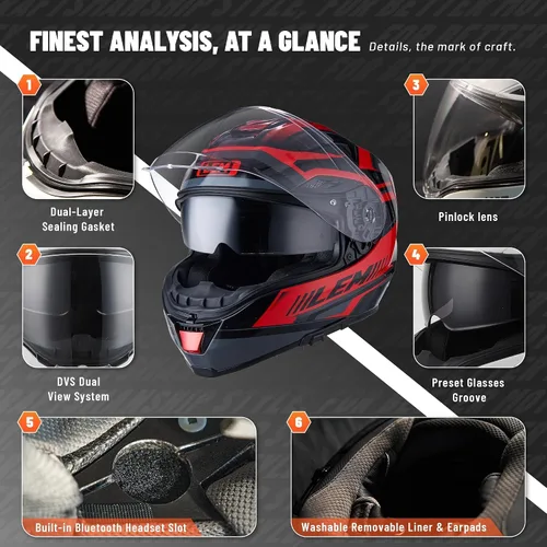 Vista 3 de LEM Cascos de motocicleta de cara completa, cascos para hombres, con certificado DOT, PINLOCK y DVS de doble visión, casco de motocicleta de calle