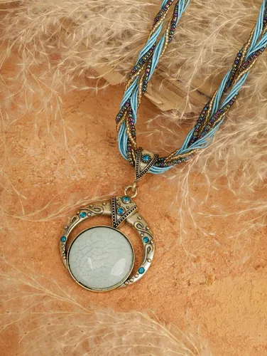 Vista 8 de MINACHI Multilayer Beads Chain Necklace, Turquoise-Toned Stone Pendant, Vintage Hippie Retro Bohemia Style, Fashion Jewelry for Women