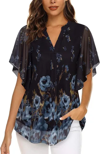 Vista 2 de Timeson Blusas de manga corta con cuello en V para mujer, camisas florales de doble capa de malla