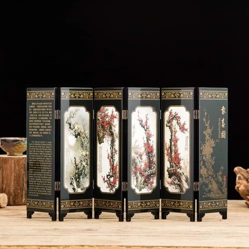 Vista 2 de Mini arte chino tradicional de 6 paneles de 9.5 pulgadas de alto para decoración del hogar, lacado decorativo, decoración del hogar, laca, oriental