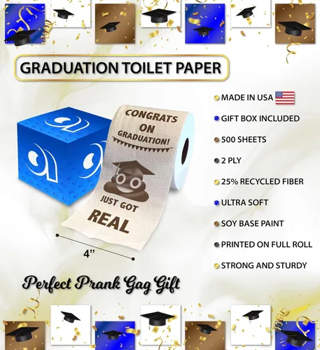 Vista 3 de Printed TP Papel higiénico impreso con texto en inglés "Congrats on Graduation", divertido rollo de papel higiénico para las mejores bromas
